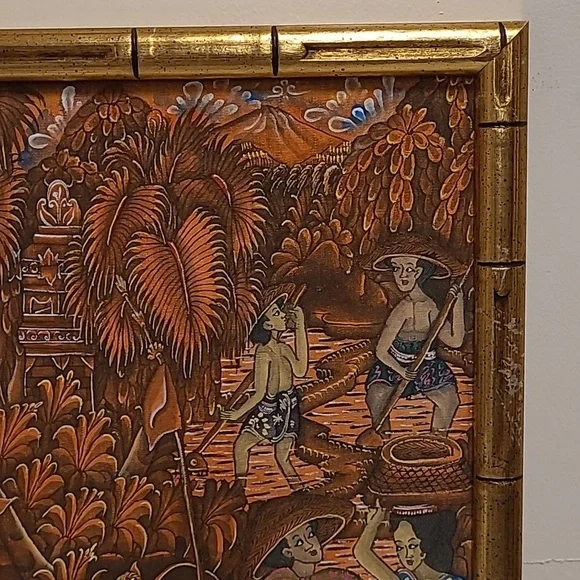 Gold Bamboo Framed Fabric Oriental Art